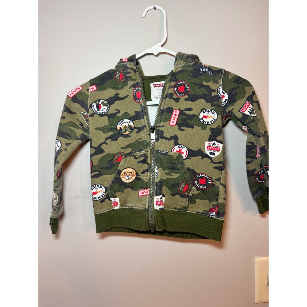 Levis Kids Camo Patch Full Zip Hoodie Green Camouflage Sweatshirt 4T